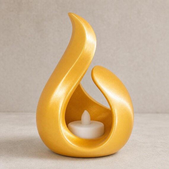 Silk Gold Emberveil tealight holder showing the glossy pearlescent finish and open center