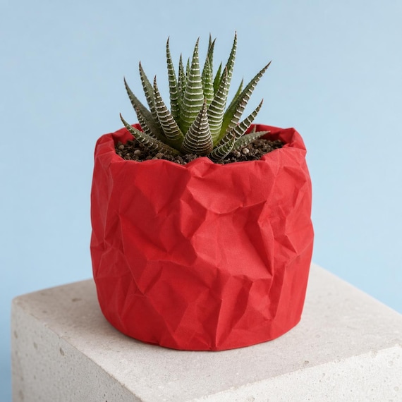 Crumpled Paper Look Planter, Round or Square Textured Indoor Pot, Sculptural Home Decor, 5 Heights, 25 Matte Colors