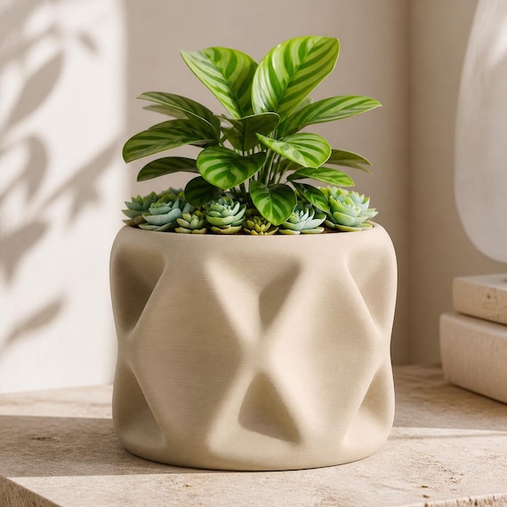 PillowFacet Sculptural Planter, Soft Diamond Plant Pot, Organic Modern Indoor Planter, Textured Succulent Pot, 5 Sizes, 30 Colors