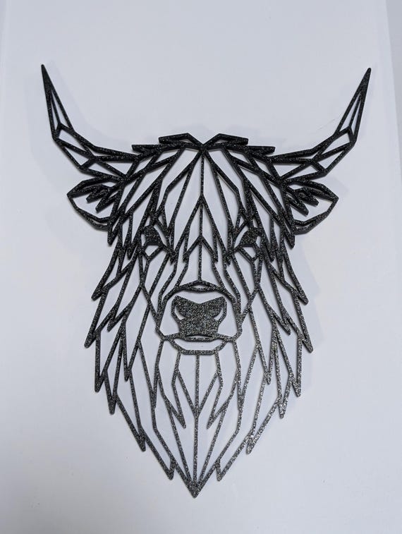Geometric Highland Cow Wall Art: 1/2" thick relief art, multiple colors, ready to hang, shown in an additional close-up listing view with visible shape and details.