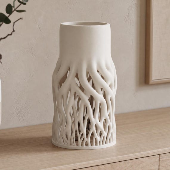 Side close-up of the Ivory White Rootveil vase showing the continuous branching design