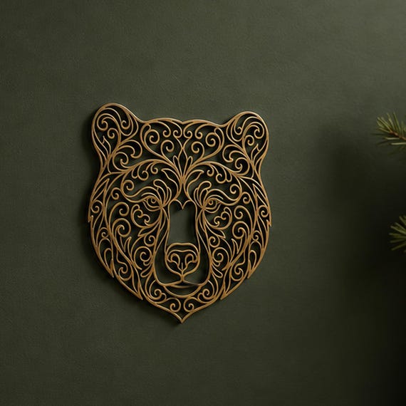Close-up of Bear Head filigree wall art in Cocoa Brown in a contrasting room