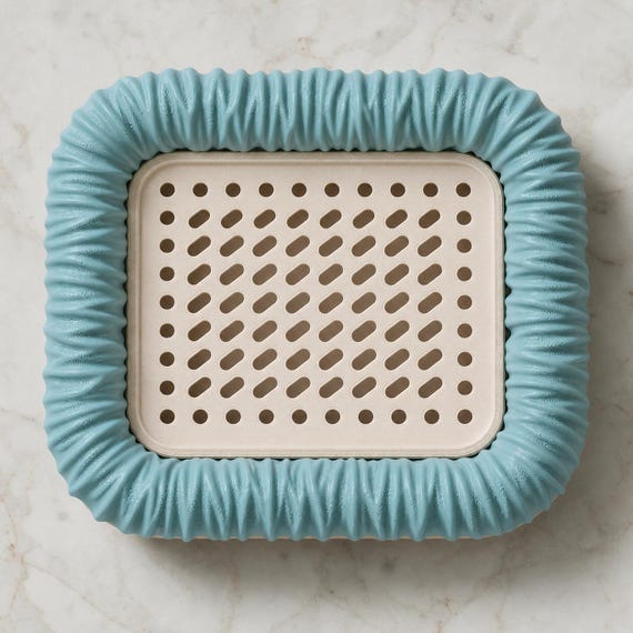 Top view of a Turquoise DrapeNest soap dish showing the Beige perforated drainage grid