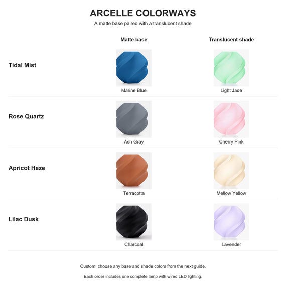 Arcelle colorway chart showing exact matte base and translucent shade color pairs for four coordinated palettes.