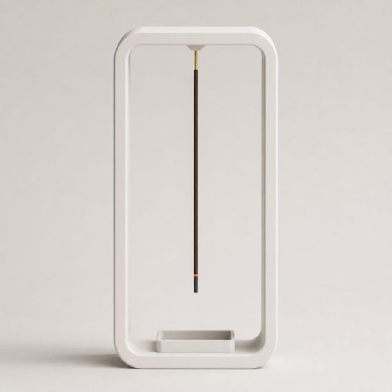 Straight-on close-up of a White AeroCinder suspended incense stand with its fitted ash tray