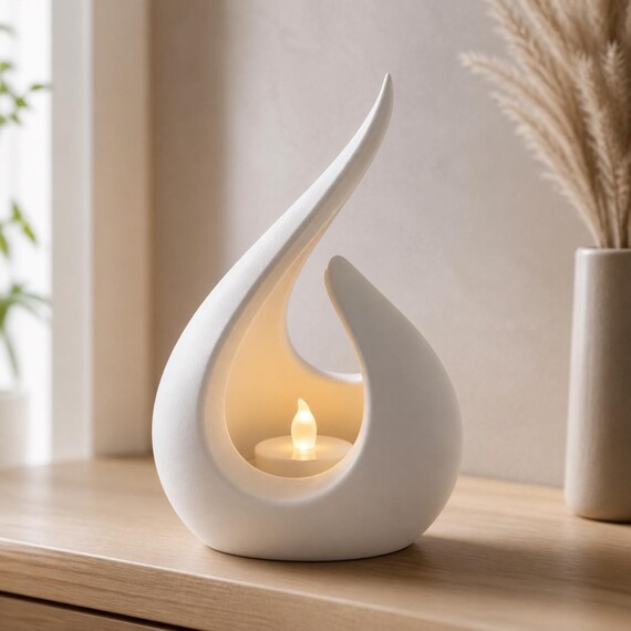 Basic White Emberveil LED tealight holder viewed from the side on a light wood shelf