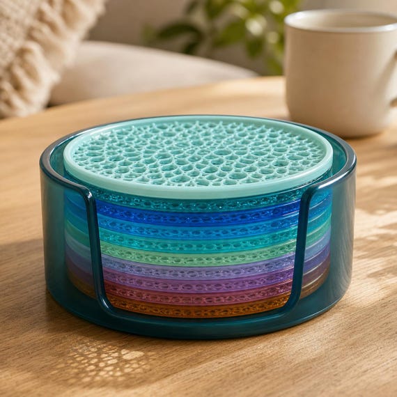 Complete Ocean Prism coaster set in its holder on a warm living-room side table