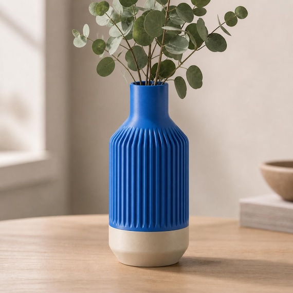 Stillcrest Architectural Vase, Two Tone Ribbed Dry Flower Holder, Modern Tall Table Decor, 12 Standard Colorways