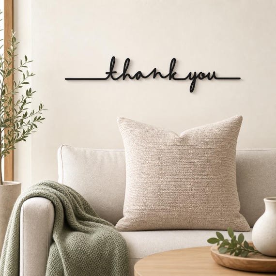 Thank You Script Continuous Line Wall Art, 12 Inch Minimalist Wall Sculpture, Modern Home Decor, Custom Color