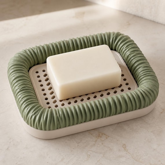 DrapeNest Ruched Soap Dish, Draining Soap Holder with Ruched Frame and Catch Tray, Sculptural Bathroom Counter Decor, 30 Colors