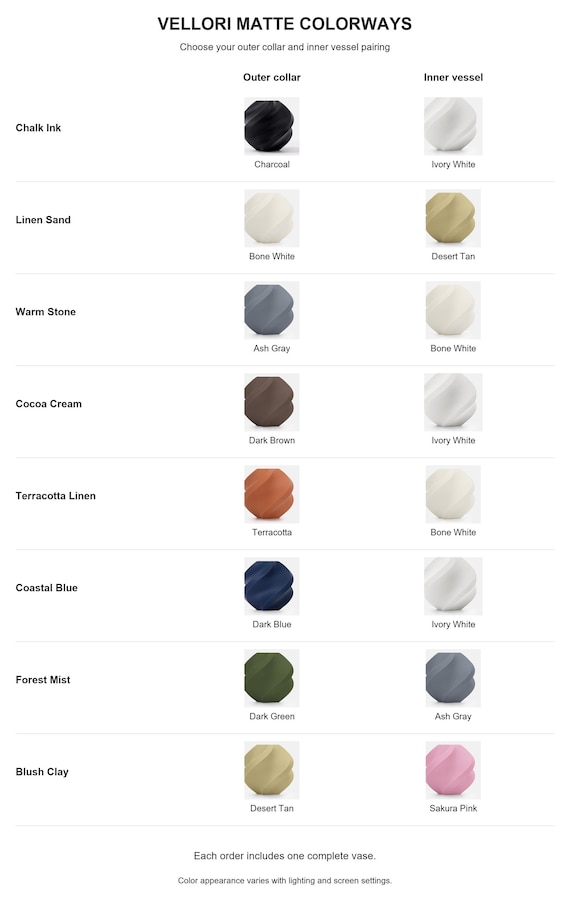 Vellori matte color guide showing eight named pairings with exact labeled samples for each outer collar and inner vessel color.
