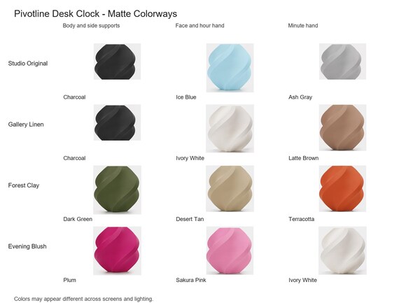 Pivotline Desk Clock matte colorway guide showing four named combinations with exact component and color assignments.