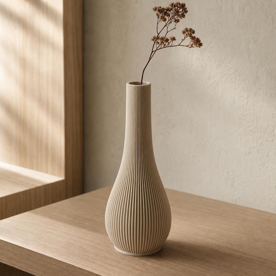 Serein Ribbed Bud Vase with Stem Support, Japandi Single Stem Vase, Minimalist Shelf Decor, 25 Matte Colors