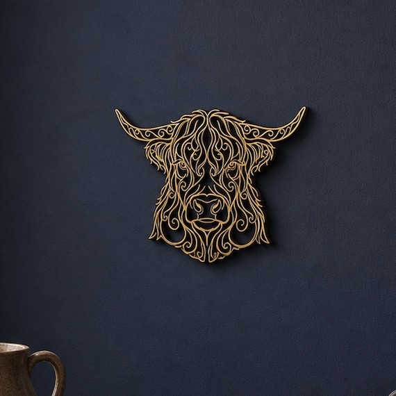 Close-up of Highland Cow filigree wall art in Cocoa Brown in a contrasting room