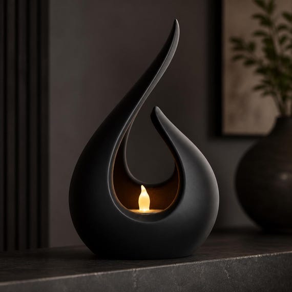 Basic Black Emberveil flame-shaped flameless tealight holder glowing in a modern interior