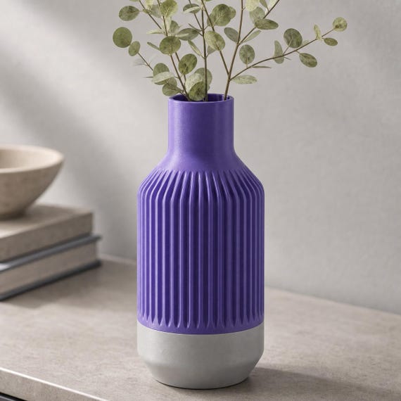 Close-up of the Stillcrest ribbed vase in the Indigo Purple and Light Grey Evening Lilac colorway