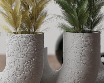 BloomArc Twin Vase, U Shaped Double Stem Holder, Floral Embossed Decorative Vase, 3 Patterns, 27 Matte and Marble Colors