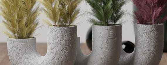 BloomArc Twin Vase, U Shaped Double Stem Holder, Floral Embossed Decorative Vase, 3 Patterns, 27 Matte and Marble Colors