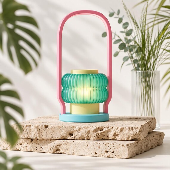 Coral Cove lantern standing on travertine slabs, with a teal ribbed shade and pink handle in a sunlit room with greenery.