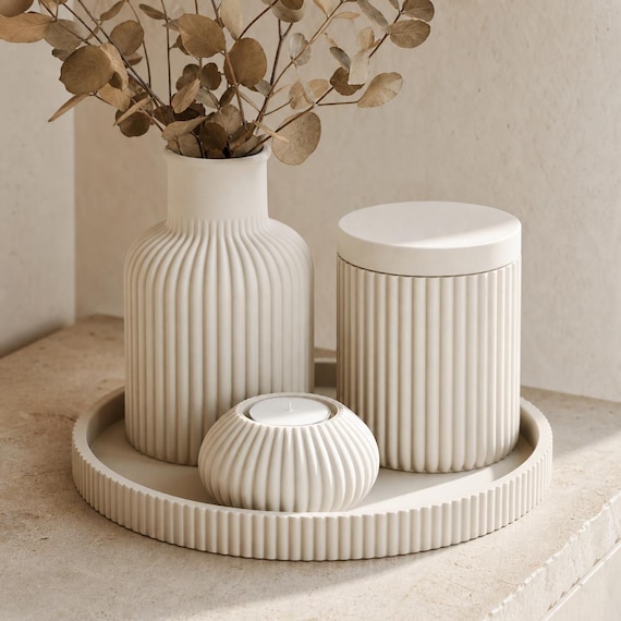 Solenne Fluted Decor Collection, Vase, Lidded Jar, Tealight Holder or Tray, Modern Ribbed Home Accent, 25 Matte Colors