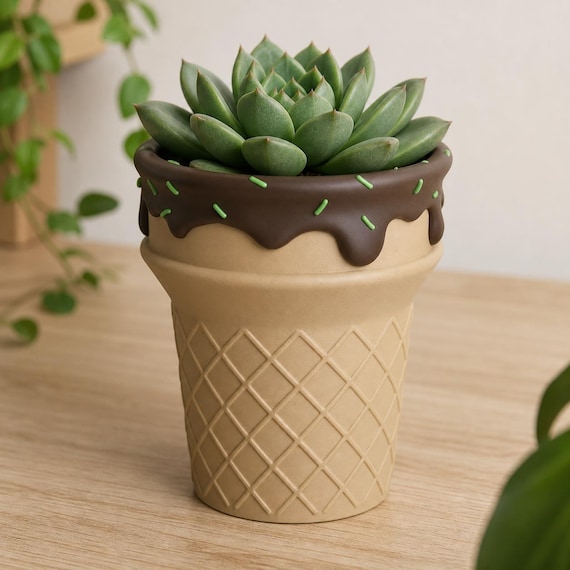 Three-quarter close-up of the Chocolate Mint ScoopBloom planter with a succulent