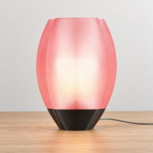 Può includere: Una lampada da tavolo con paralume in vetro smerigliato rosa testurizzato e una silhouette arrotondata a forma di petalo. La lampada è sostenuta da una solida base nera con un design scanalato abbinato e include un sottile cavo nero laterale.