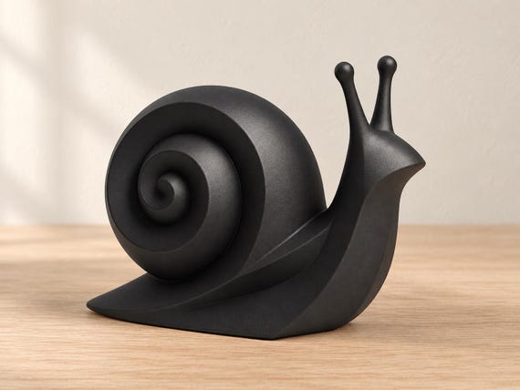 Charcoal snail sculpture, close-up main three-quarter view on pale oak against an ivory wall.