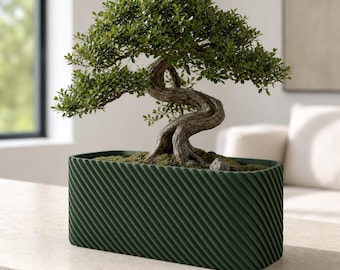 Driftline Low Planter, Diagonal Rib Rounded Rectangle Plant Pot, Modern Bonsai and Succulent Decor, 5 Sizes, 25 Matte Colors