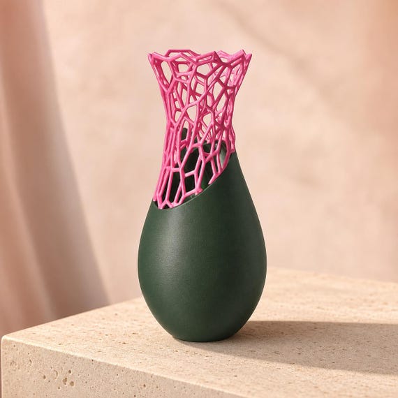 Eight-inch organic lattice vase with a Mistletoe Green base and Pink top section