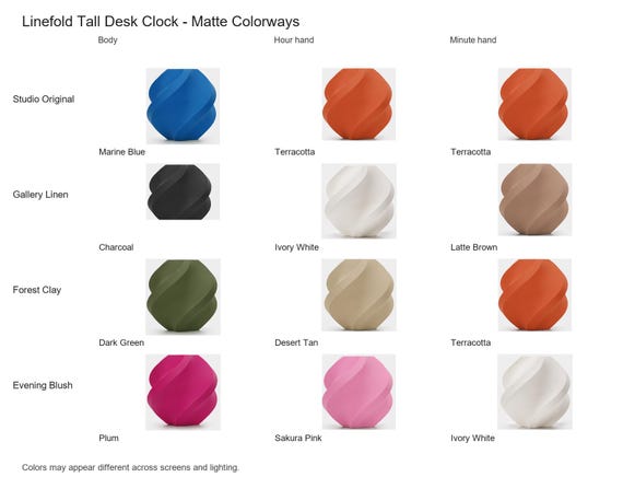 Linefold Tall Desk Clock matte colorway guide showing four named combinations with exact component and color assignments.
