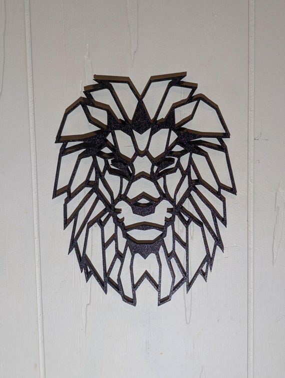 Geometric Lion Head: 1/2" thick relief art, multiple colors, ready to hang, shown in an additional close-up listing view with visible shape and details.