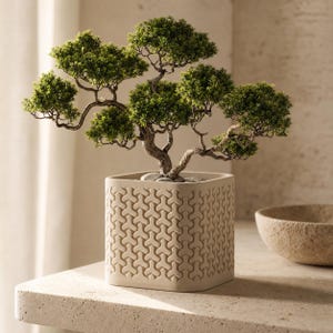May include: A small artificial bonsai tree with dark green foliage and a textured, gnarled brown trunk. The tree is planted in a square, off-white ceramic pot featuring a repeating geometric pattern of interlocking shapes on all visible sides.
