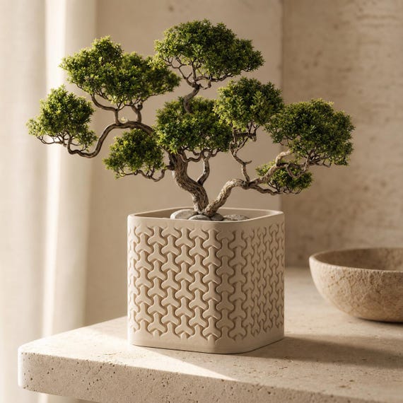 TriLoom Geometric Bonsai Planter, Rounded Square Indoor Plant Pot, Sacred Pattern Home Decor, 5 Sizes, 25 Matte Colors