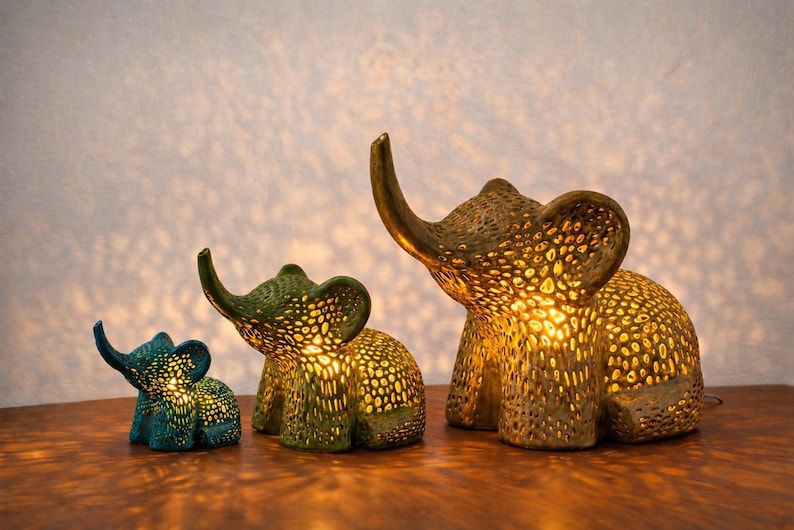 Boho Elephant Accent Lamp, Geometric Nursery Night Light, Wildlife Home Decor, Zen Gift, Elephant Lover Decor, Unique, shown in the main close-up listing view with its overall design visible.