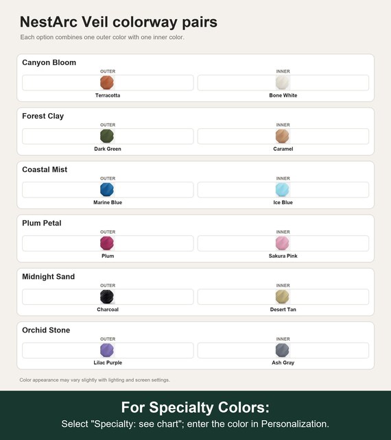 Named colorway swatch showing each option. For Specialty Colors: Select "Specialty: see chart"; enter the color in Personalization.