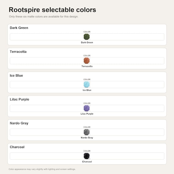Rootspire selectable colors showing the exact colors used in each selectable option