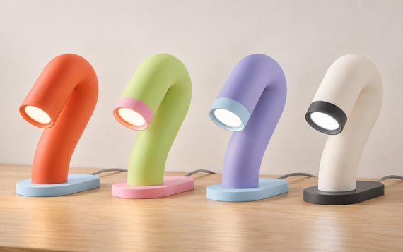 Four wired Swayarc lamps on a wood tabletop, left to right: Citrus Tide, Blush Meadow, Lilac Coast, and Cloud and Charcoal.