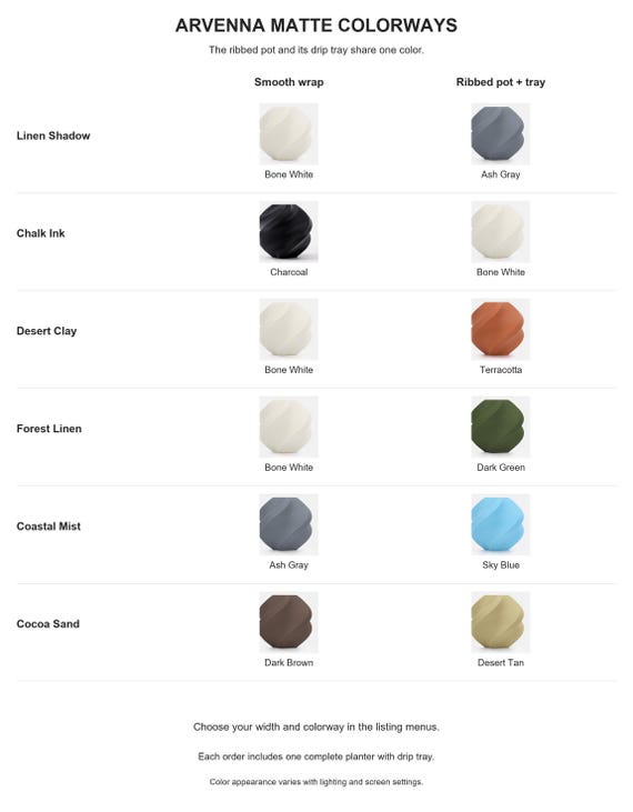 Arvenna matte colorway guide showing six named pairings with labeled samples for the smooth wrap and ribbed pot with matching drip tray.