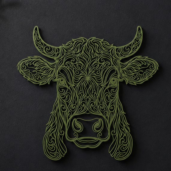 Close-up of Ornate Cow filigree wall art in Mistletoe Green in a contrasting room