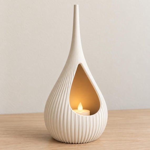 Ivory White Solenne ribbed holder with a small glowing battery LED tea light inside its open cavity on a pale wood tabletop.