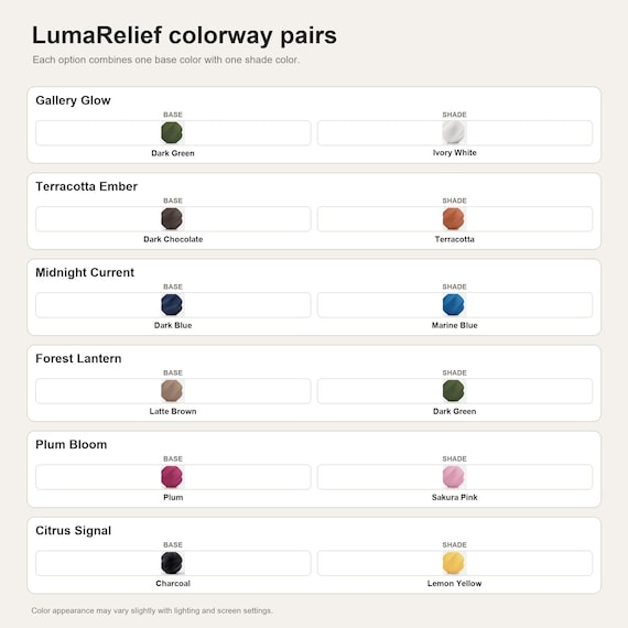 LumaRelief colorway pairs showing the exact colors used in each selectable option