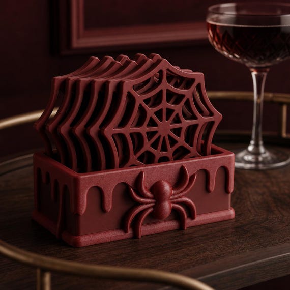 Close-up of the complete Maroon Red WebWarden five-coaster set on a gothic cocktail cart