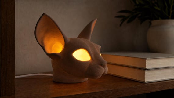 Cocoa Brown VelvetGaze Sphynx cat lamp glowing beside books on a shelf