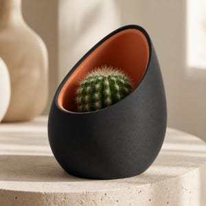 May include: A teardrop-shaped planter with a matte black exterior and a smooth terracotta-colored interior. A small, round, green cactus with visible white spines is planted inside the container, which features a slanted, open top design.