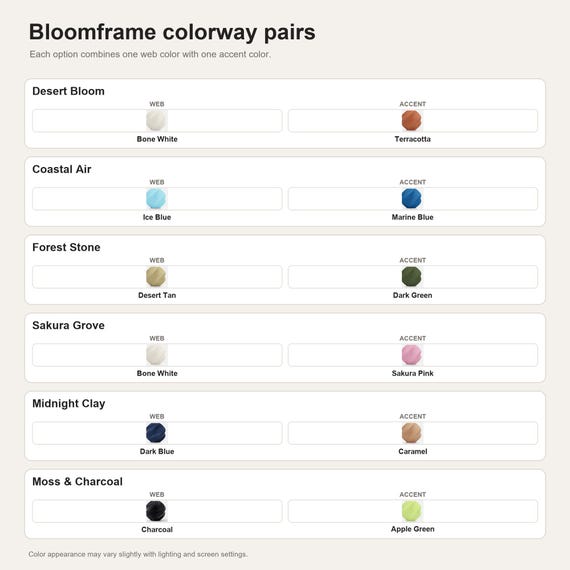 Bloomframe colorway pairs showing the exact colors used in each selectable option