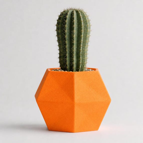 Front close-up of the Wide Crest geometric planter in Pumpkin Orange with a column cactus