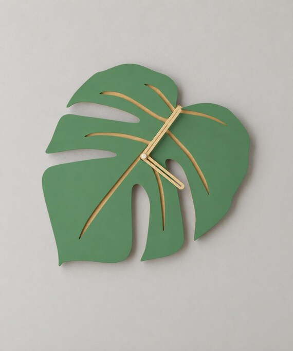 Verdant Vein Wall Clock, green leaf shape with tan veins and open tan hands, alternate source-referenced close-up on a gray wall.