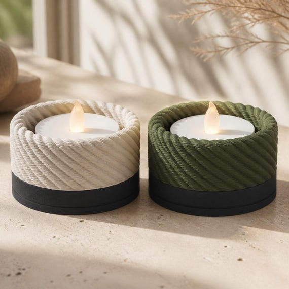 Harbor Weave LED Tealight Holder, Rope Texture Coastal Candle Holder, Nautical Shelf Decor, Curated Matte Colorways