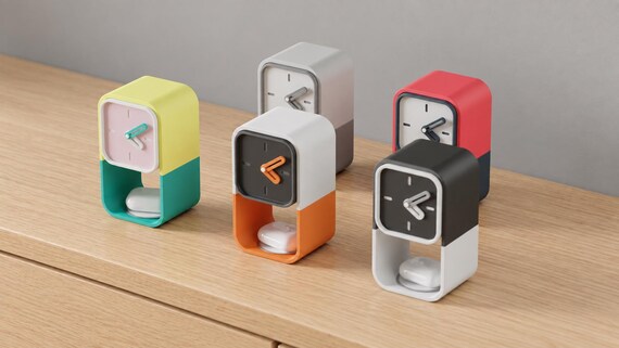 Pocketime Storage Desk Clock colorful examples from an alternate source angle on oak, with white earbud cases in the lower spaces.
