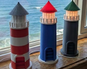 Coastal Lighthouse Lamp, Nautical Nursery Decor, Beach House Table Lamp, Gift for Sailors, Unique Bedside Lamp, 10 inch
